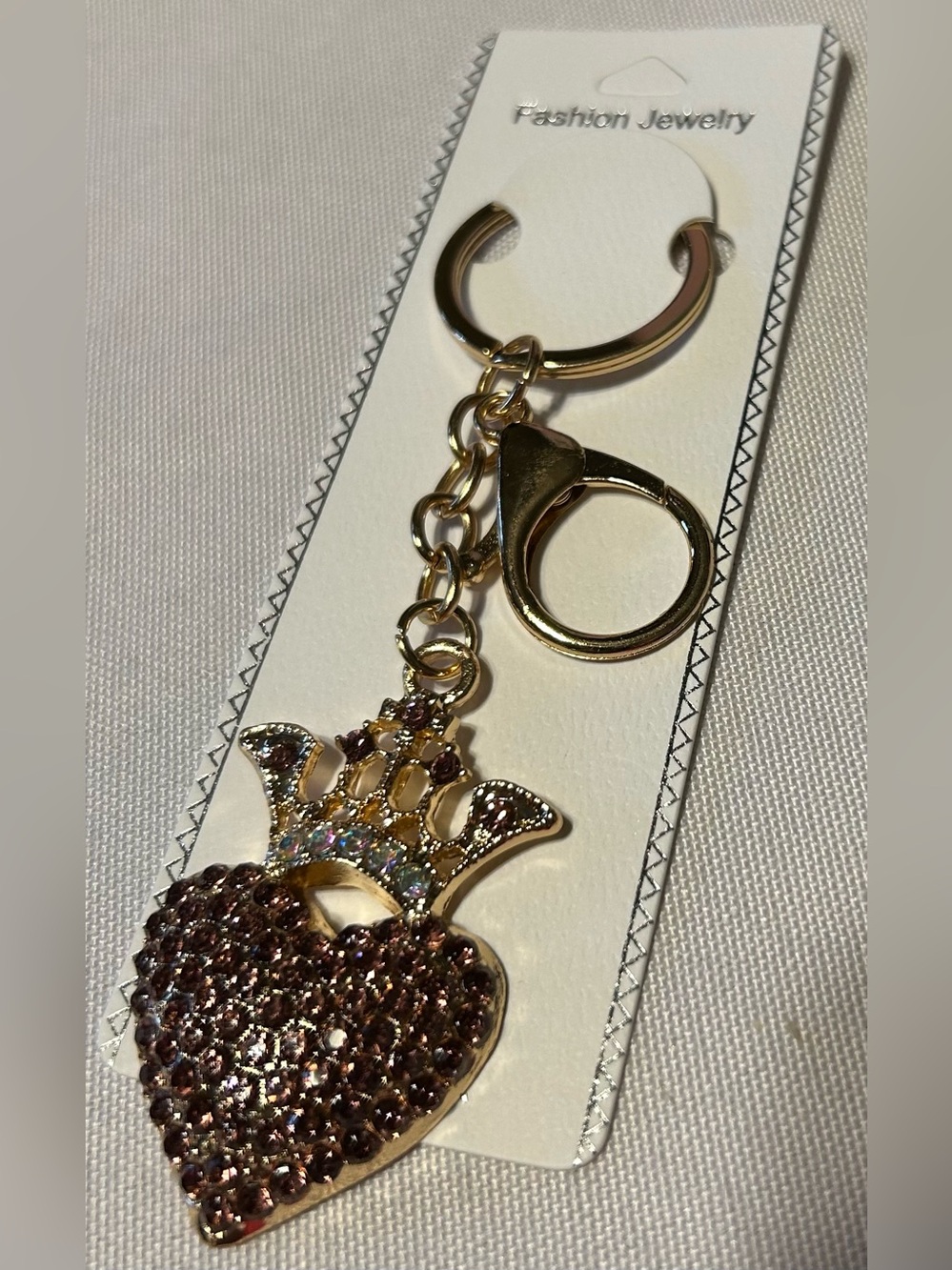 Fashion Jewelry Gold-Tone Pink Crystal Heart & Crown Keychain/Bag Charm